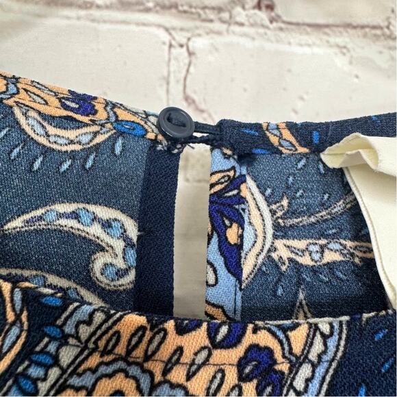 H&M Wms Blue Tan Paisley Shift Dress Size 10 Tie Knot Sleeve Knee Length Fall - Picture 5 of 9